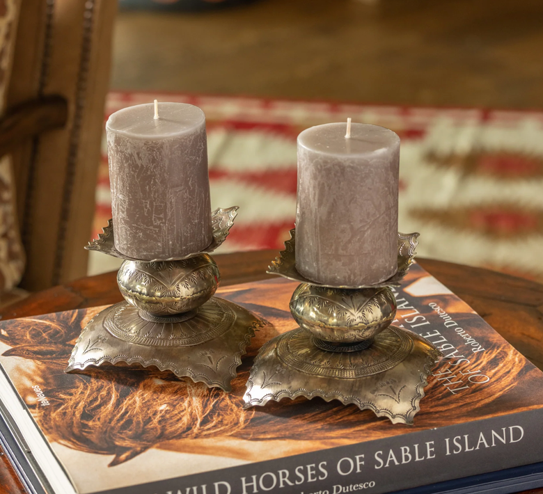 Rustic Silver Stamped Candlestick Pair