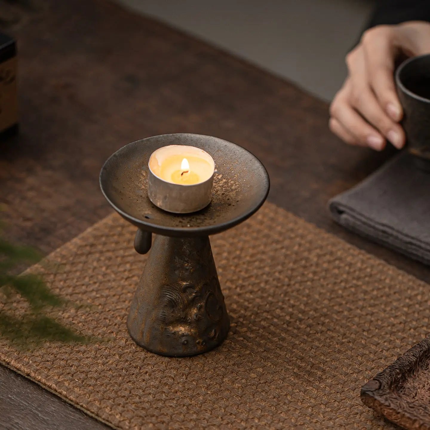 Iron Glazed Ceramic Incense Holder & Candle Pedestal