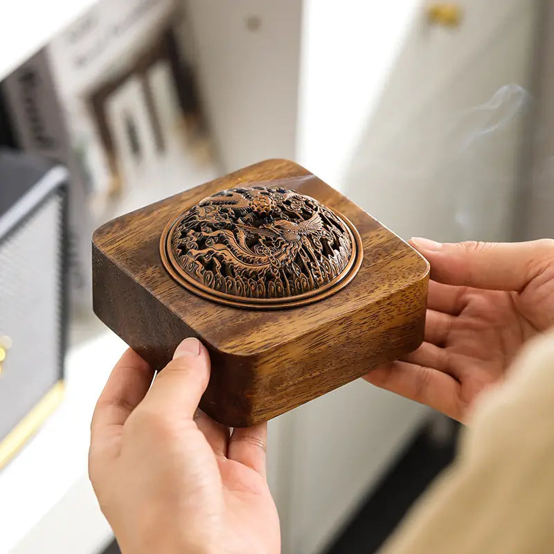 Walnut Incense Burner with Dragon Metal Screen