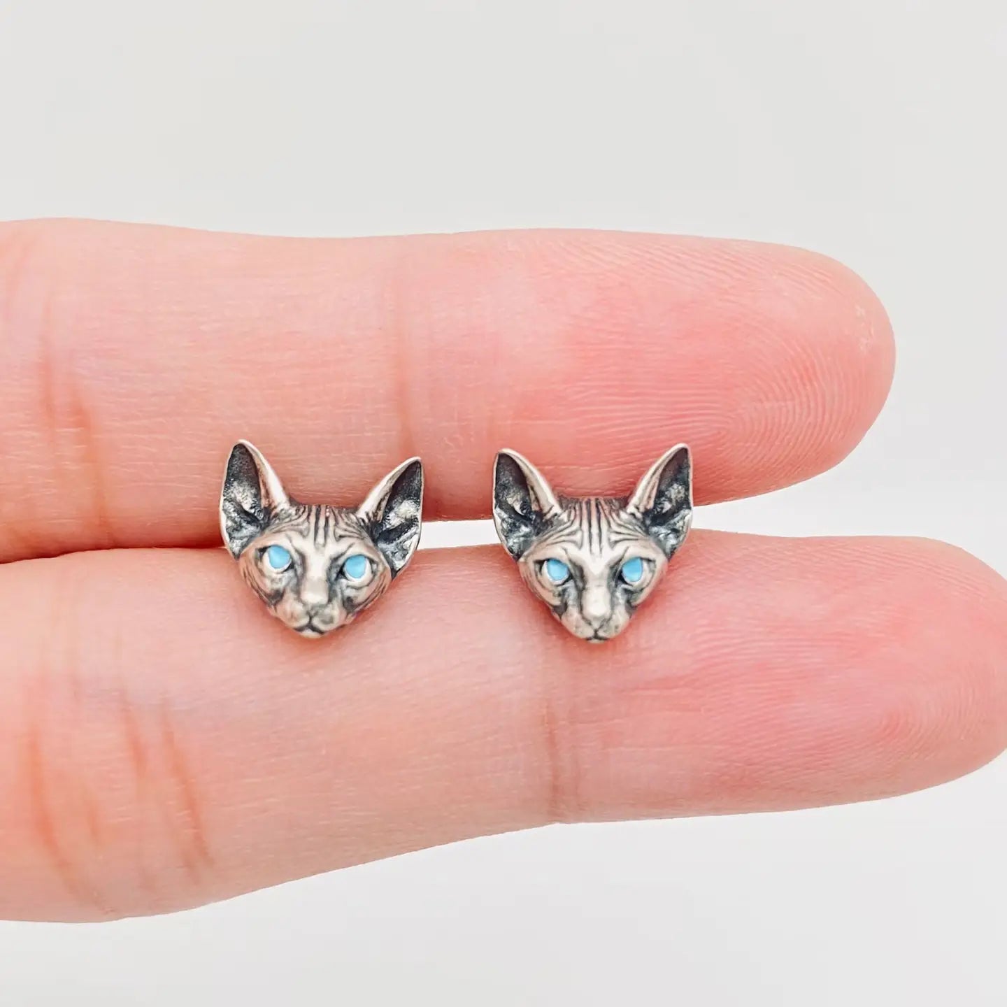 Sterling Silver Blue Eye Cat's Head Stud Earrings