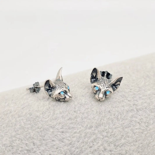 Sterling Silver Blue Eye Cat's Head Stud Earrings
