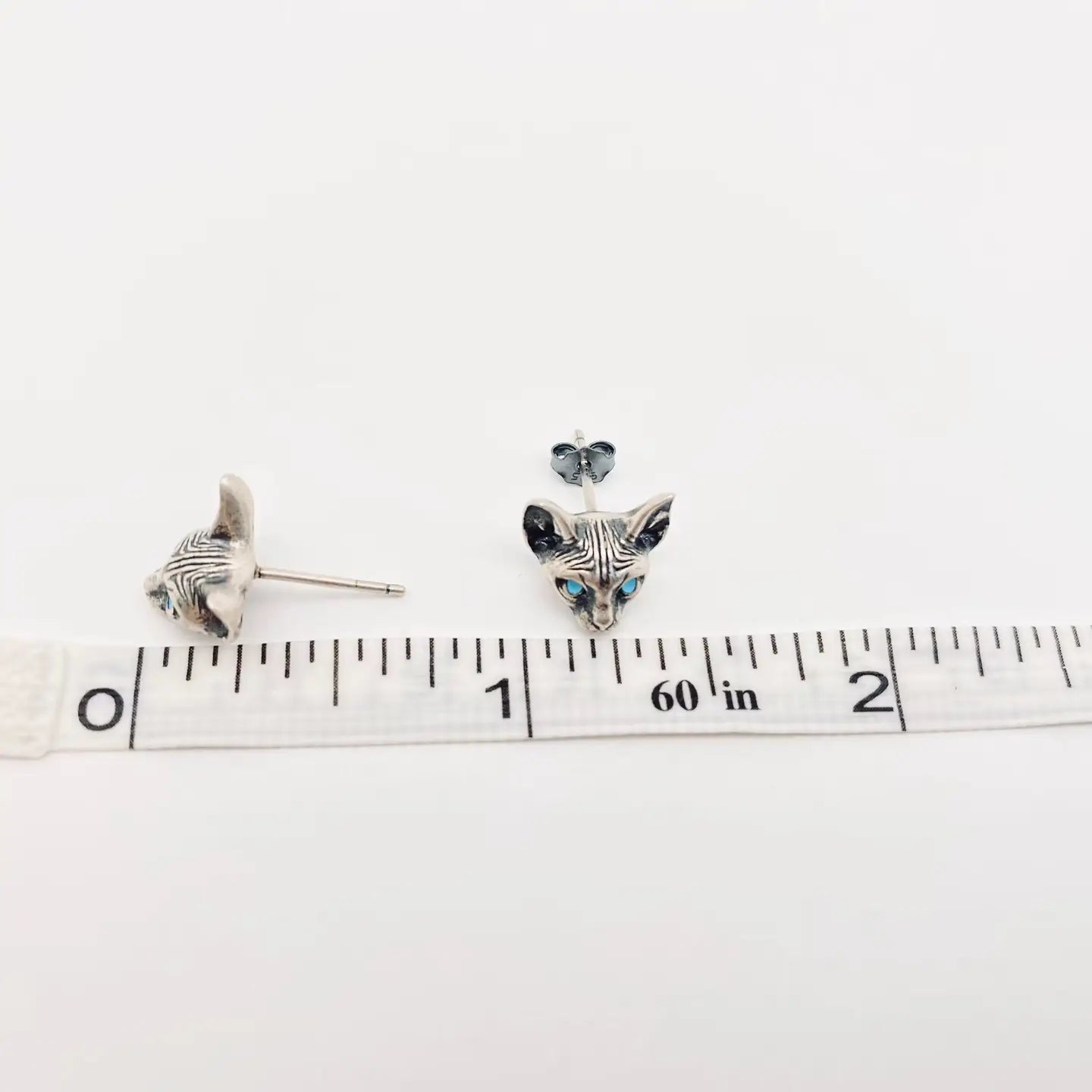 Sterling Silver Blue Eye Cat's Head Stud Earrings
