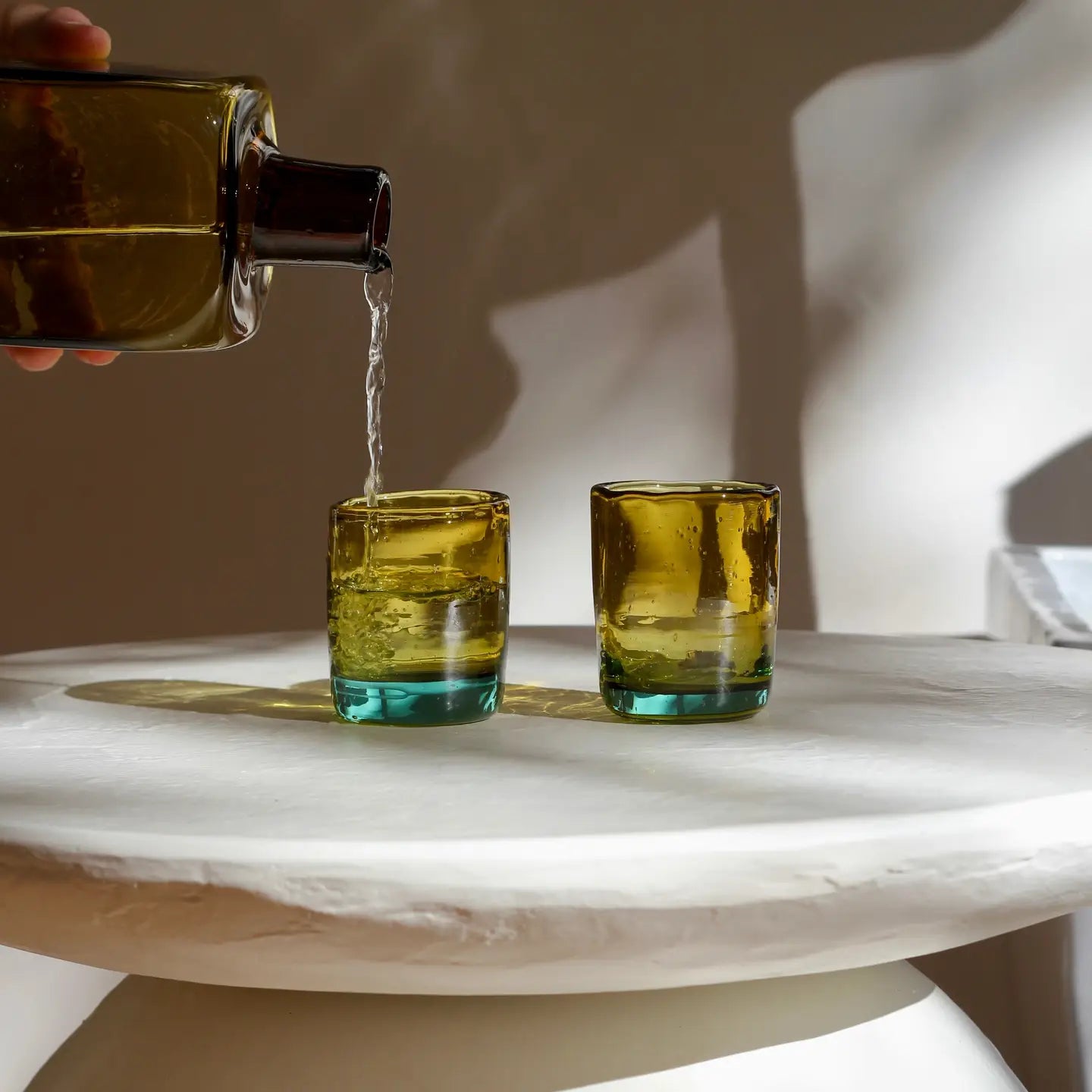 Bedside Carafe Set in Aqua/Amber - Handblown, Recycled Glass
