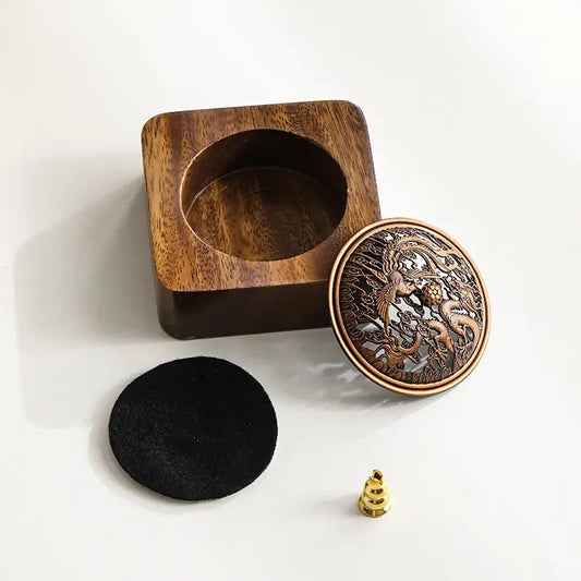 Walnut Incense Burner with Dragon Metal Screen