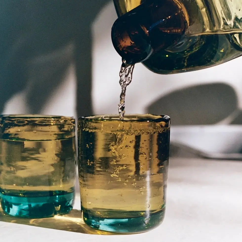 Bedside Carafe Set in Aqua/Amber - Handblown, Recycled Glass