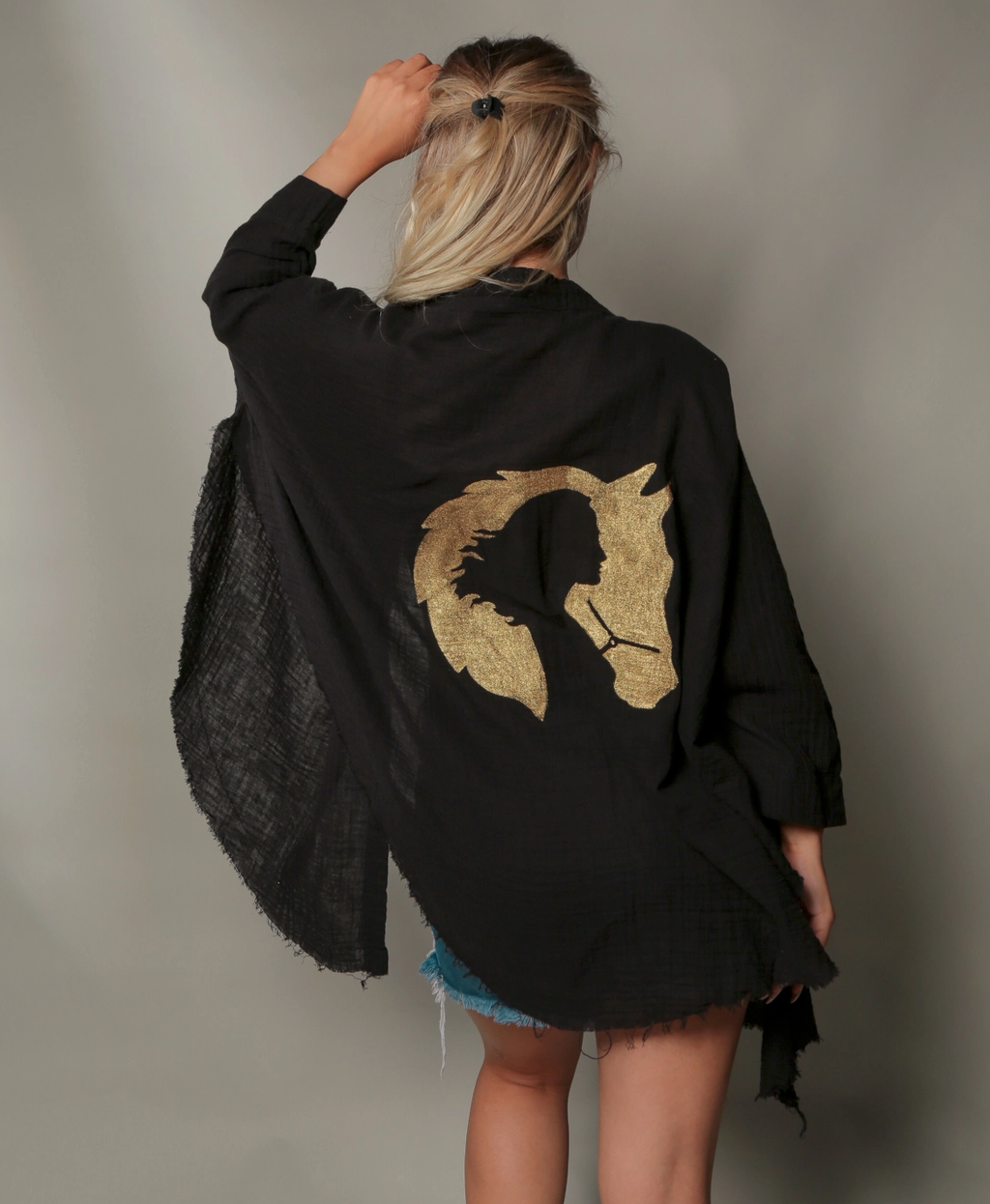 Black Double Gauze Muslin Robe with Golden Horse & Female