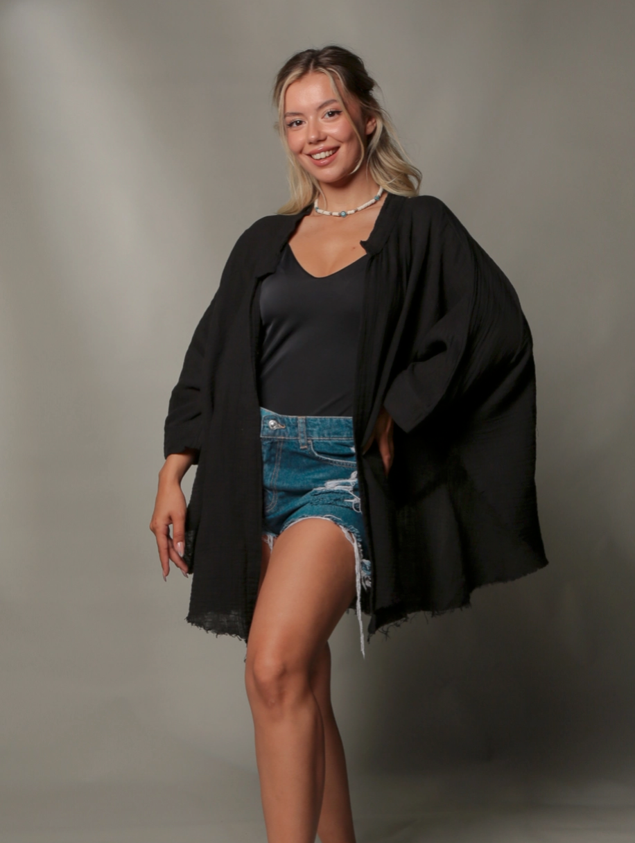 Black Double Gauze Muslin Robe with Golden Horse & Female