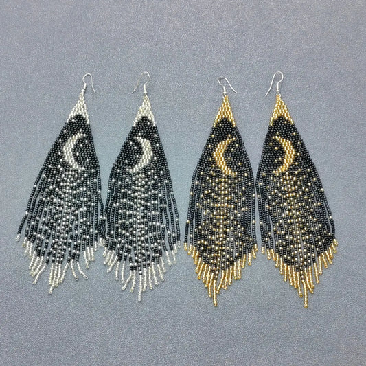 Star Moon Night Sky Seed Beads Tassel Earrings