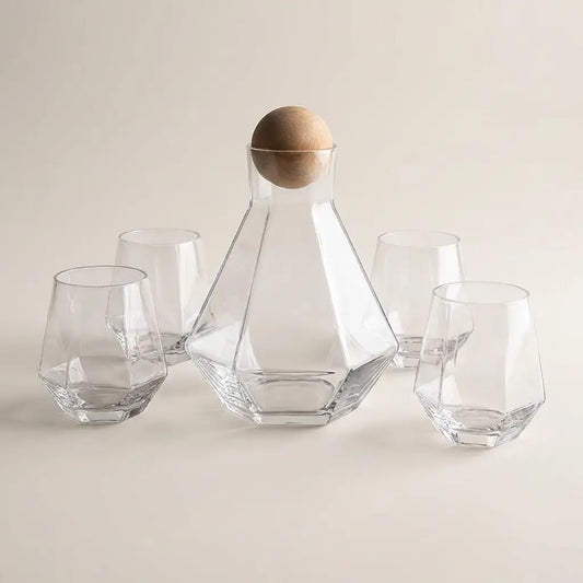 Modern Faceted Glass Decanter and Tumbler, 5 Piece Set