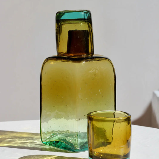 Bedside Carafe Set in Aqua/Amber - Handblown, Recycled Glass