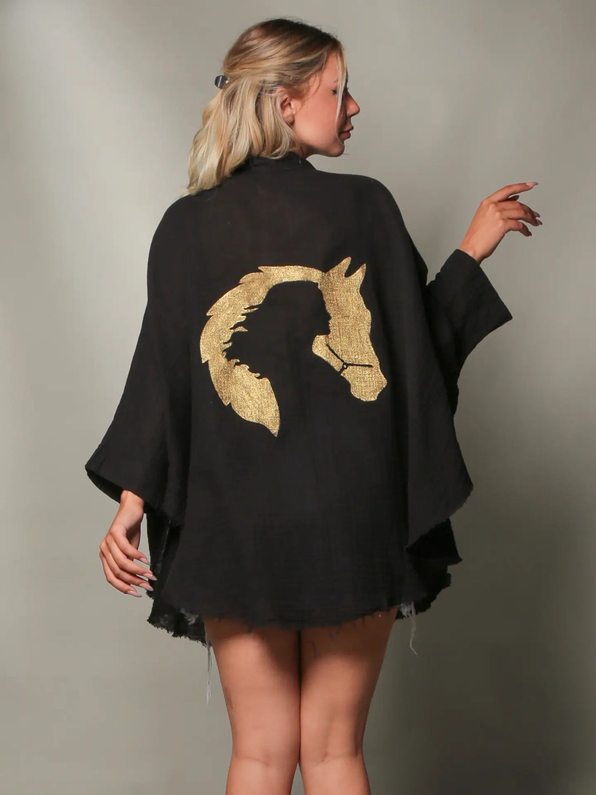 Black Double Gauze Muslin Robe with Golden Horse & Female