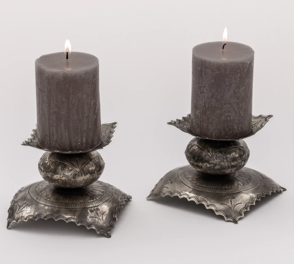 Rustic Silver Stamped Candlestick Pair