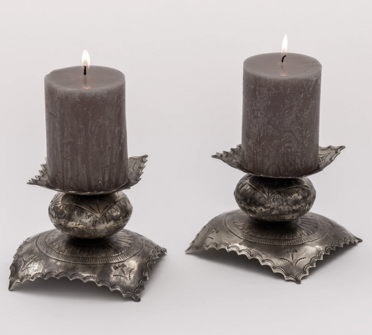 Rustic Silver Stamped Candlestick Pair