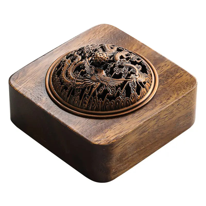 Walnut Incense Burner with Dragon Metal Screen