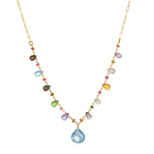 Wildflower Paperclip Necklace-Blue Topaz Gemstone