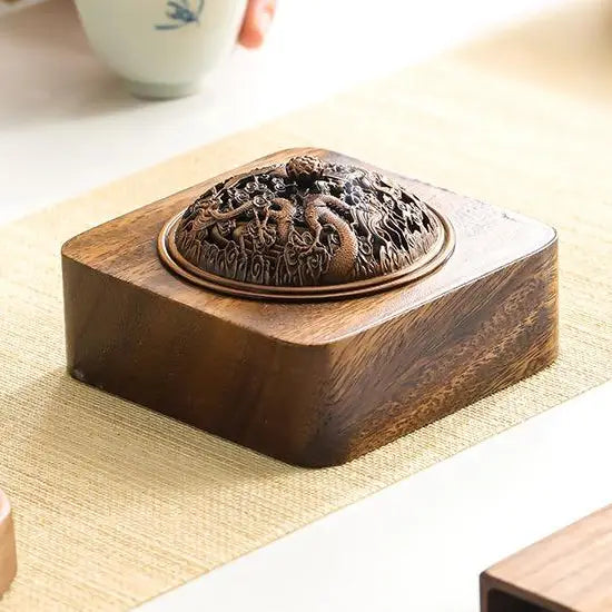 Walnut Incense Burner with Dragon Metal Screen