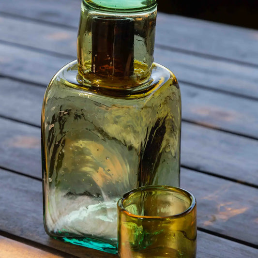 Bedside Carafe Set in Aqua/Amber - Handblown, Recycled Glass