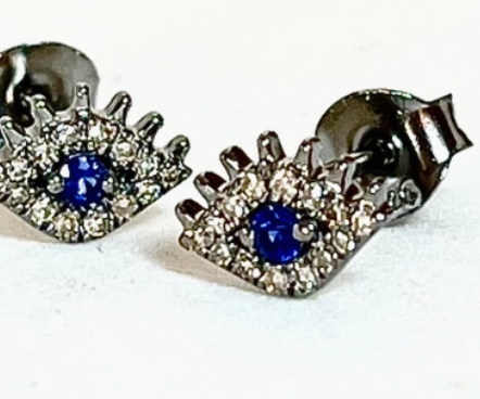 Pave Diamond + Sapphire Evil Eye Studs