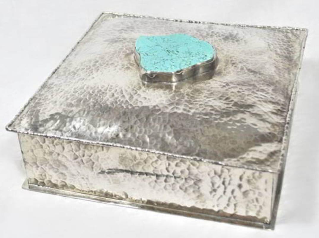 Rustic Silver Large Hammered Box with Turquoise