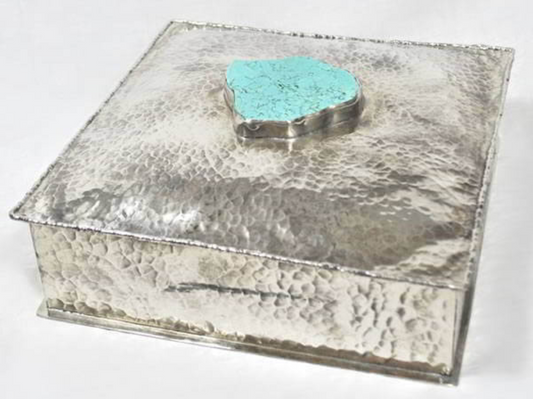 Rustic Silver Large Hammered Box with Turquoise